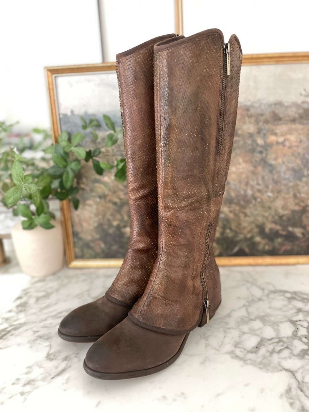 Donald Pliner Devi Brown Leather Snake Skin Distressed Knee High Boots Size 8 - Picture 5 of 10